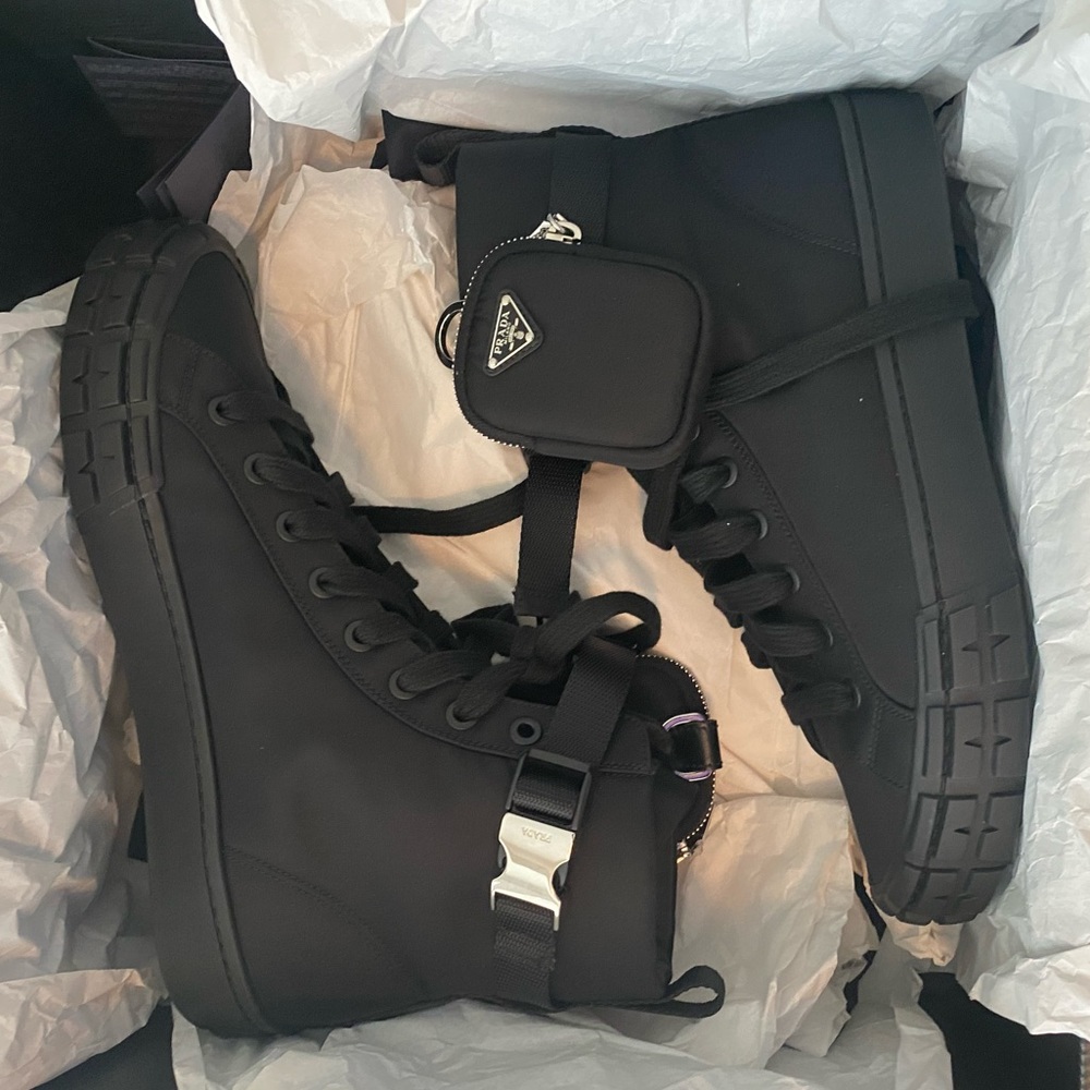 Men Prada Pouch Attached High Top Sneakers